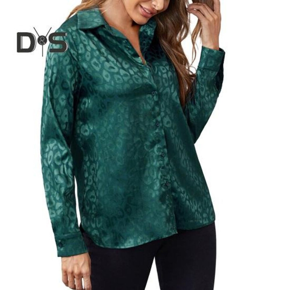 (XL, green) Women Spring Shirt Leopard Print Long Sleeves Lapel Loose Smooth Applique Single Breasted Cardigan Formal Business Style Commute Blouse