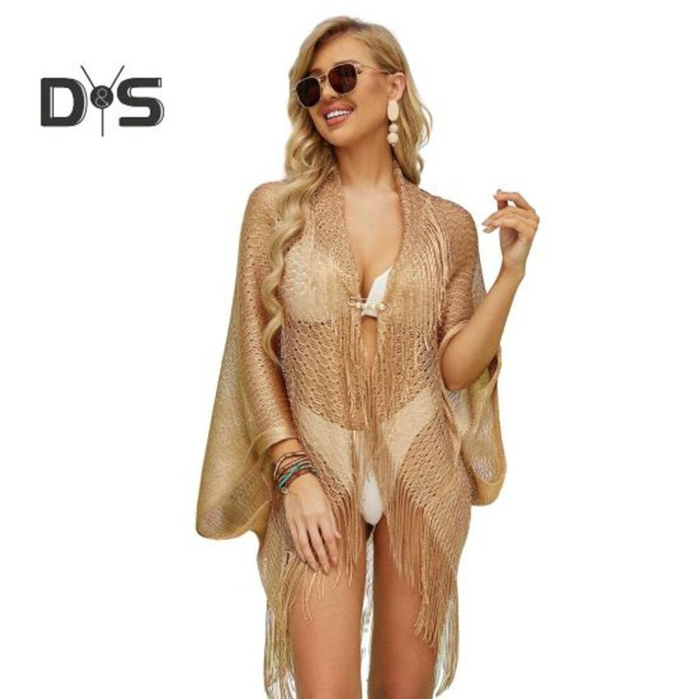(50 cm, golden) Summer Beach Smock Hollow Out Tassel Decor Sunscreen Loose Quick Dry Swimsuit Cover-up Open Beachwear Poncho Cardigan Irregular Holiday Mid Length