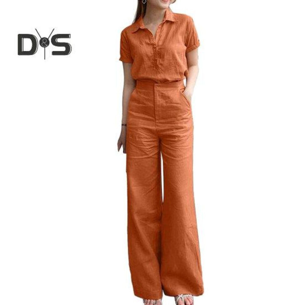 (orange, 2XL) 2pcs/set Women Pants Shirt Suit Lapel Short Sleeve Single Breasted Wide Leg Loose Solid Color Pockets High Waist Lady Top Trousers Set