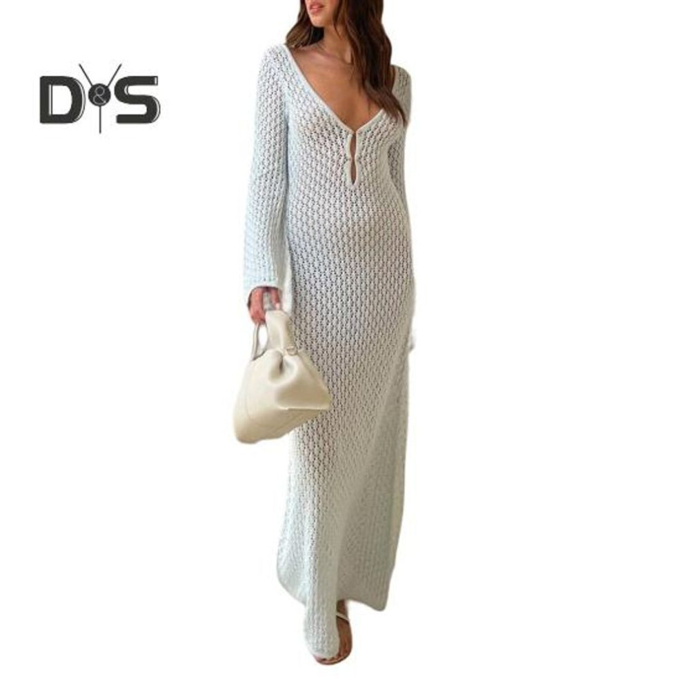 (S, white) Women Beach Dress Low Cut V Neck Knitted Hollow Out V Shaped Back Elastic See Through Summer Vacation Beachwear Bikini Coverup Swimsuit Maxi Dress