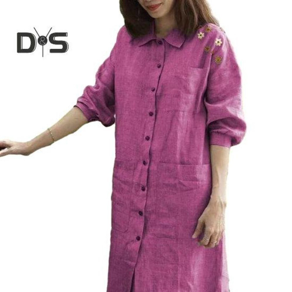 (rose red, 3XL) Women Spring Dress A line Loose Flower Print Single breasted Patch Pockets Lapel Long Sleeve Pure Color Soft Breathable Mid calf Length Midi Dress