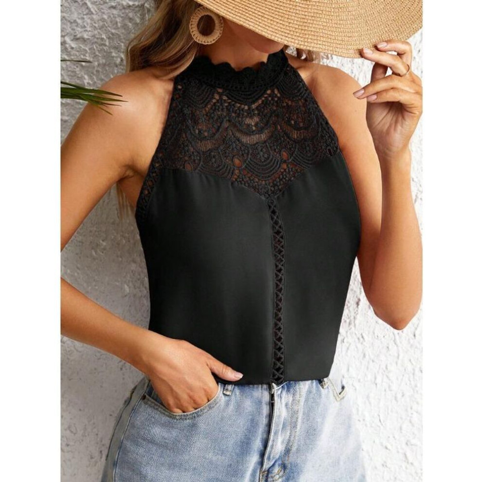 (XL, black) Women's Summer Vest Fashion Hollow Lace Tank Top Sleeveless Top