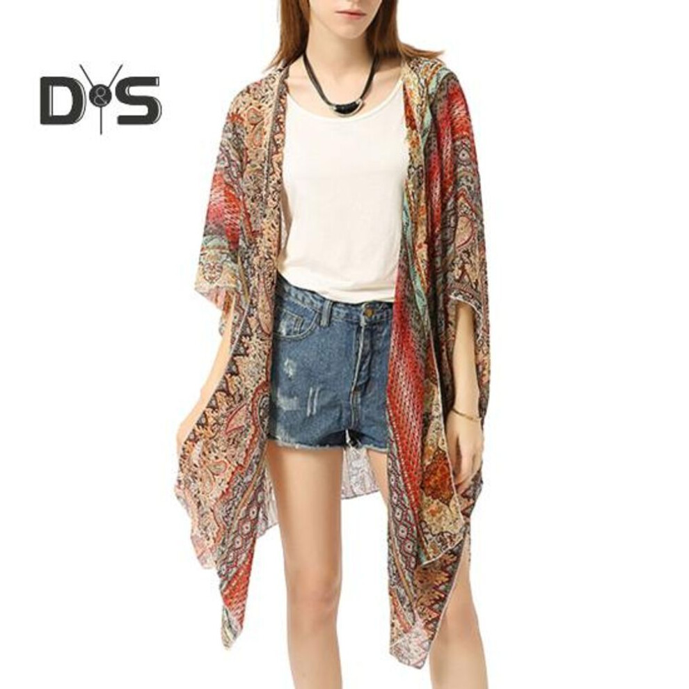 (red) Summer Beach Cardigan Paisley Pattern Half Sleeve Open Front Beachwear Cardigan Sunscreen Swimsuit Cover Up