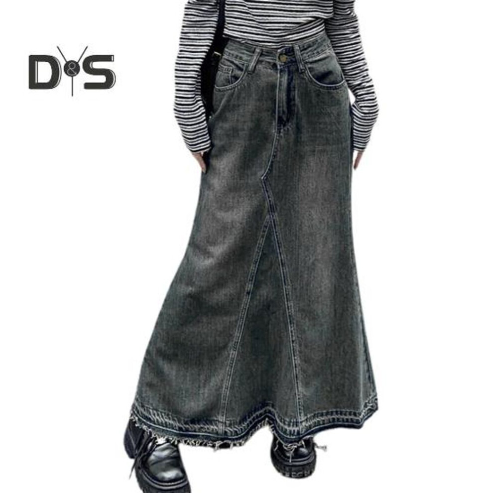 (3XL, blue) Women Skirt A line Big Swing Denim Retro Pockets Patchwork Solid Color High Waist Button Zipper Closure Ankle Length Ripped Edge Lady Maxi Skirt