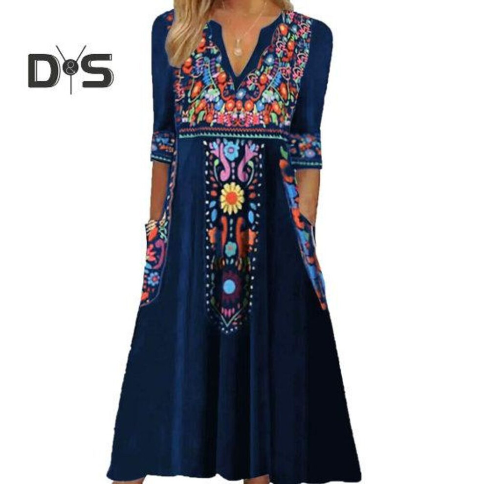 (blue, XL) Women Spring Summer Dress V Neck Three Quarter Sleeves Retro Ethnic Style Print Bohemian A Line Loose Hem Pockets Mid Calf Length Midi Dress