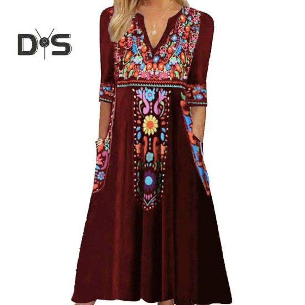(wine red, L) Women Spring Summer Dress V Neck Three Quarter Sleeves Retro Ethnic Style Print Bohemian A Line Loose Hem Pockets Mid Calf Length Midi Dress