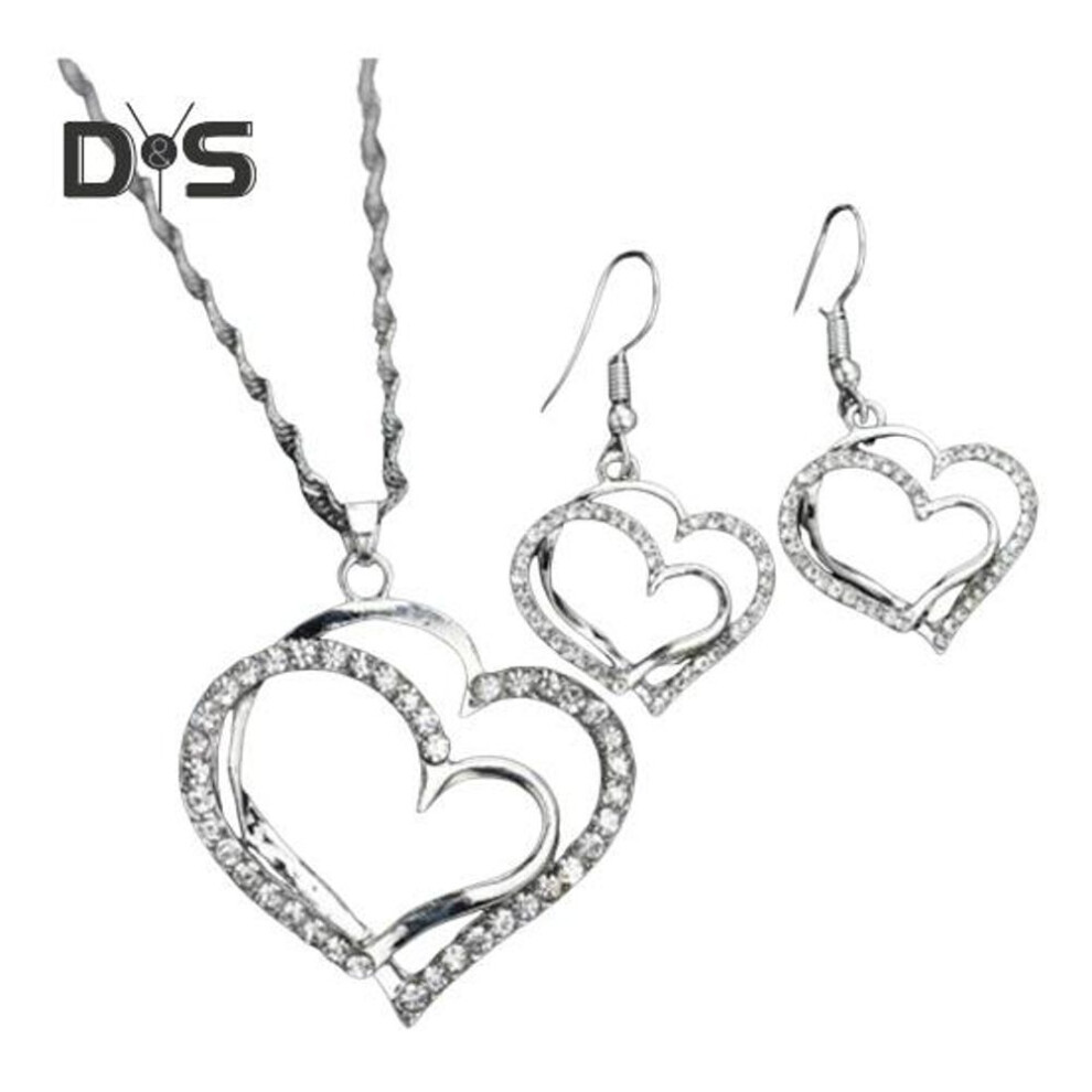 (white) 1 Set Women Necklace Earrings Set Hollow Out Heart Shape Rhinestone Decor Prom Party Hanging Earrings Pendant Clavicle Necklace Wedding Dating
