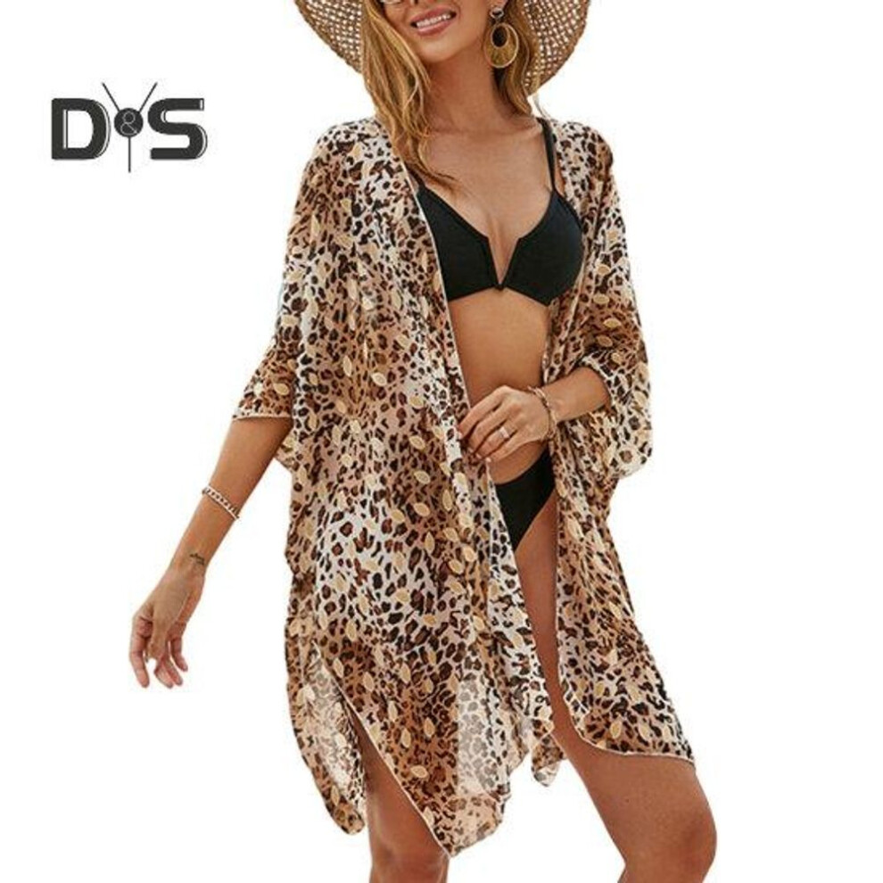 (khaki) Summer Bikini Cardigan Leopard Pattern Half Sleeve Open Front Beachwear Cardigan Sunscreen Swimsuit Cover Up