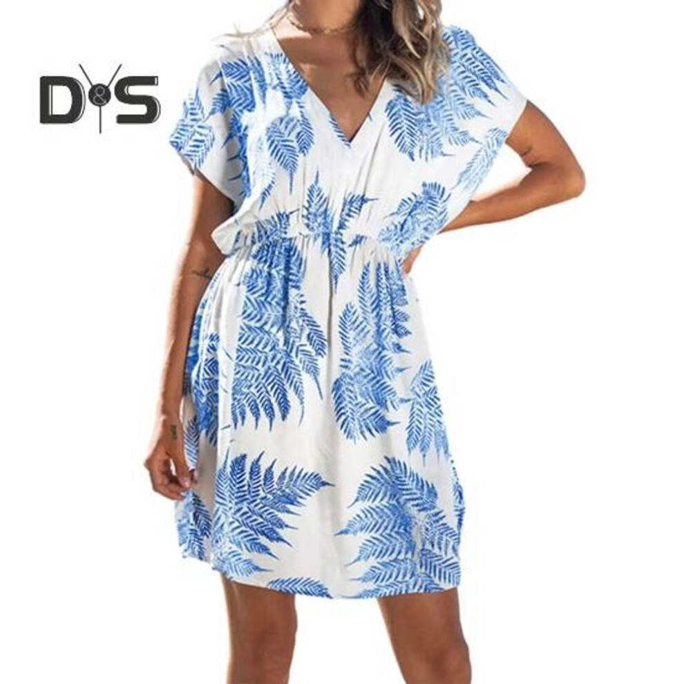 (L, white) Women Summer Beach Dress V Neck Leaf Print Elastic Waist Contrast Color Short Sleeves Bikini Cover up Soft Qick Dry Lady Vacation Mini Dress