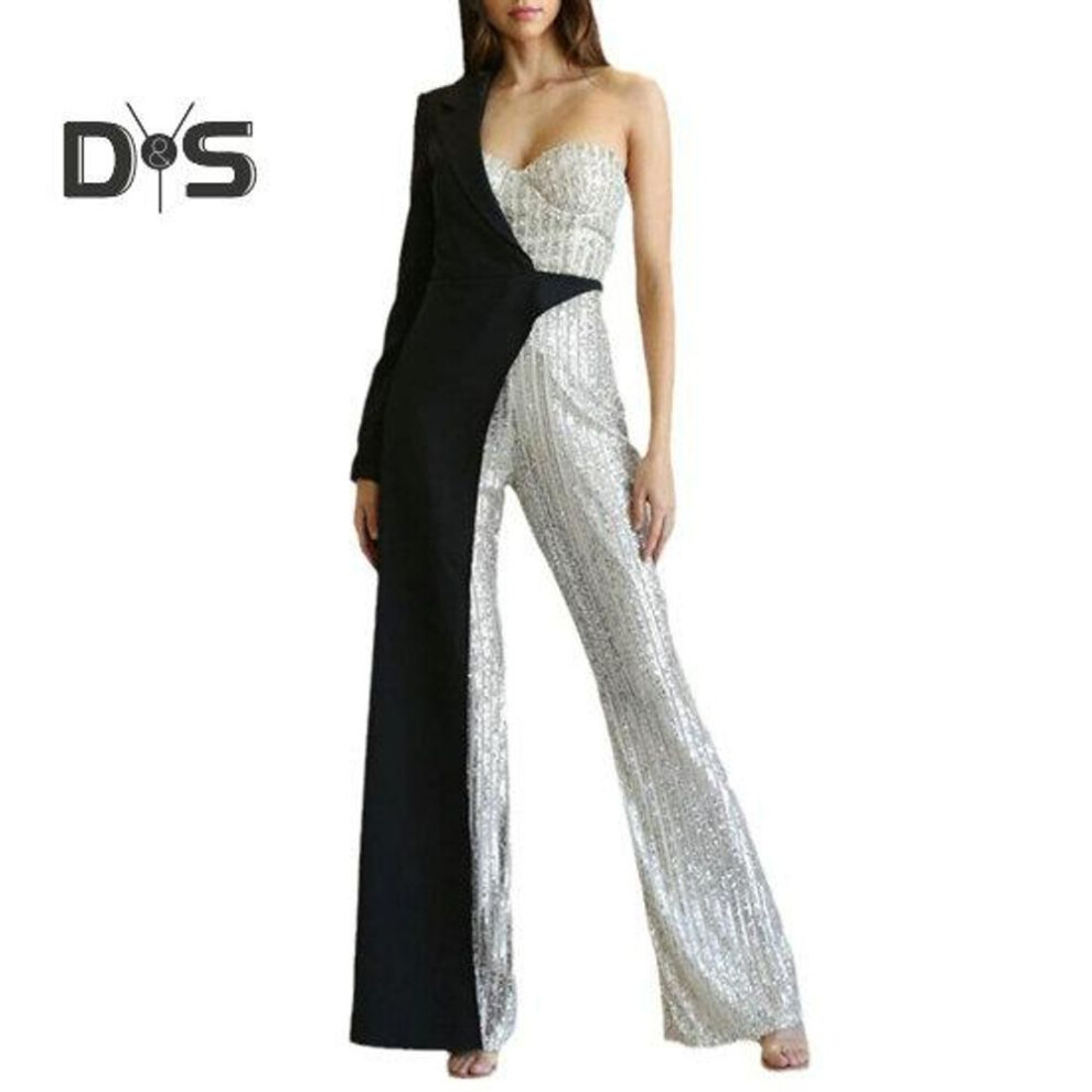 (M, black) Women Jumpsuit One Shoulder One Sleeve Suit Coat Dress Patchworl Shiny Sequin Asymmetric Color Matching Wide Leg Tight Waist Prom Party Jumpsuit