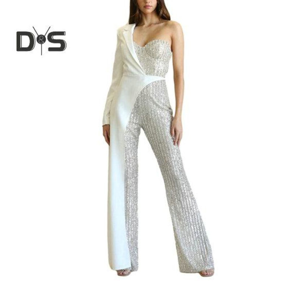 (M, white) Women Jumpsuit One Shoulder One Sleeve Suit Coat Dress Patchworl Shiny Sequin Asymmetric Color Matching Wide Leg Tight Waist Prom Party Jumpsuit