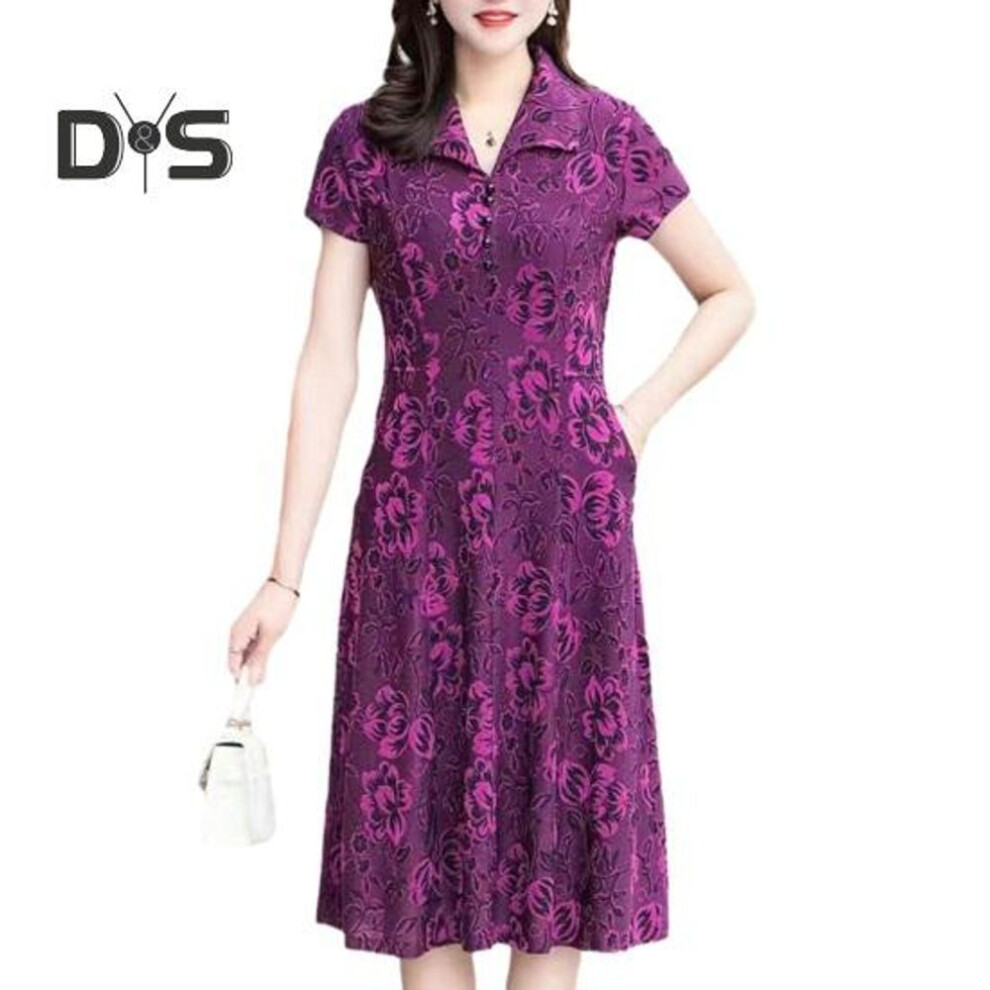 (purple, XL) Women Long Dress Spring Fall V Neck Lapel Collar Floral Printed Short Sleeves A line Middle aged Ladies Female Knee Length Casual Midi Dress