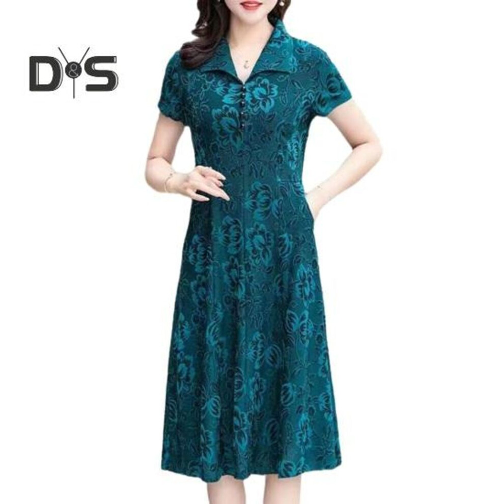 (blue, L) Women Long Dress Spring Fall V Neck Lapel Collar Floral Printed Short Sleeves A line Middle aged Ladies Female Knee Length Casual Midi Dress