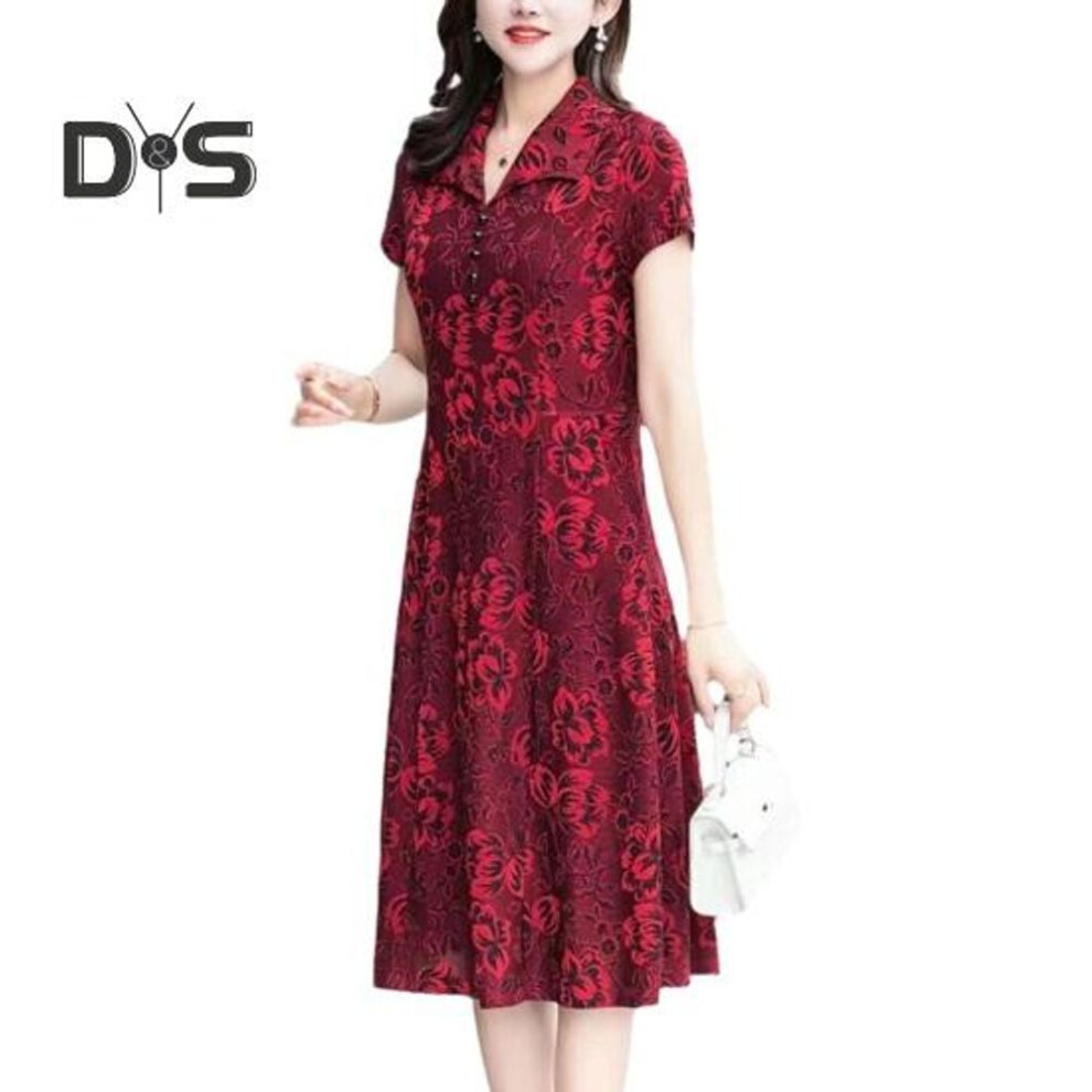 (red, 2XL) Women Long Dress Spring Fall V Neck Lapel Collar Floral Printed Short Sleeves A line Middle aged Ladies Female Knee Length Casual Midi Dress