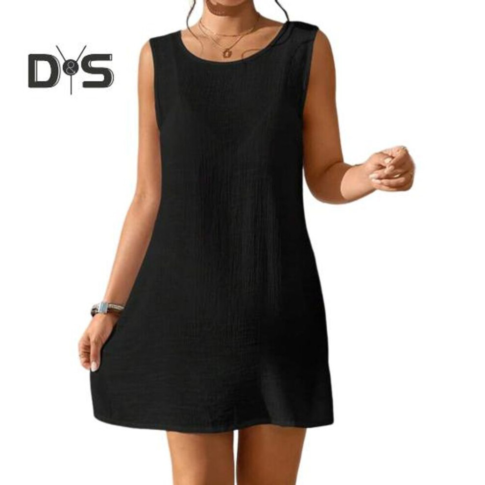 (S, black) Women Beach Smock Backless Round Neck Sleeveless Solid Color Loose Sun Protection Anti Uv Soft Breathable Bikini Swimsuit Cover Up Lady Beach Dress