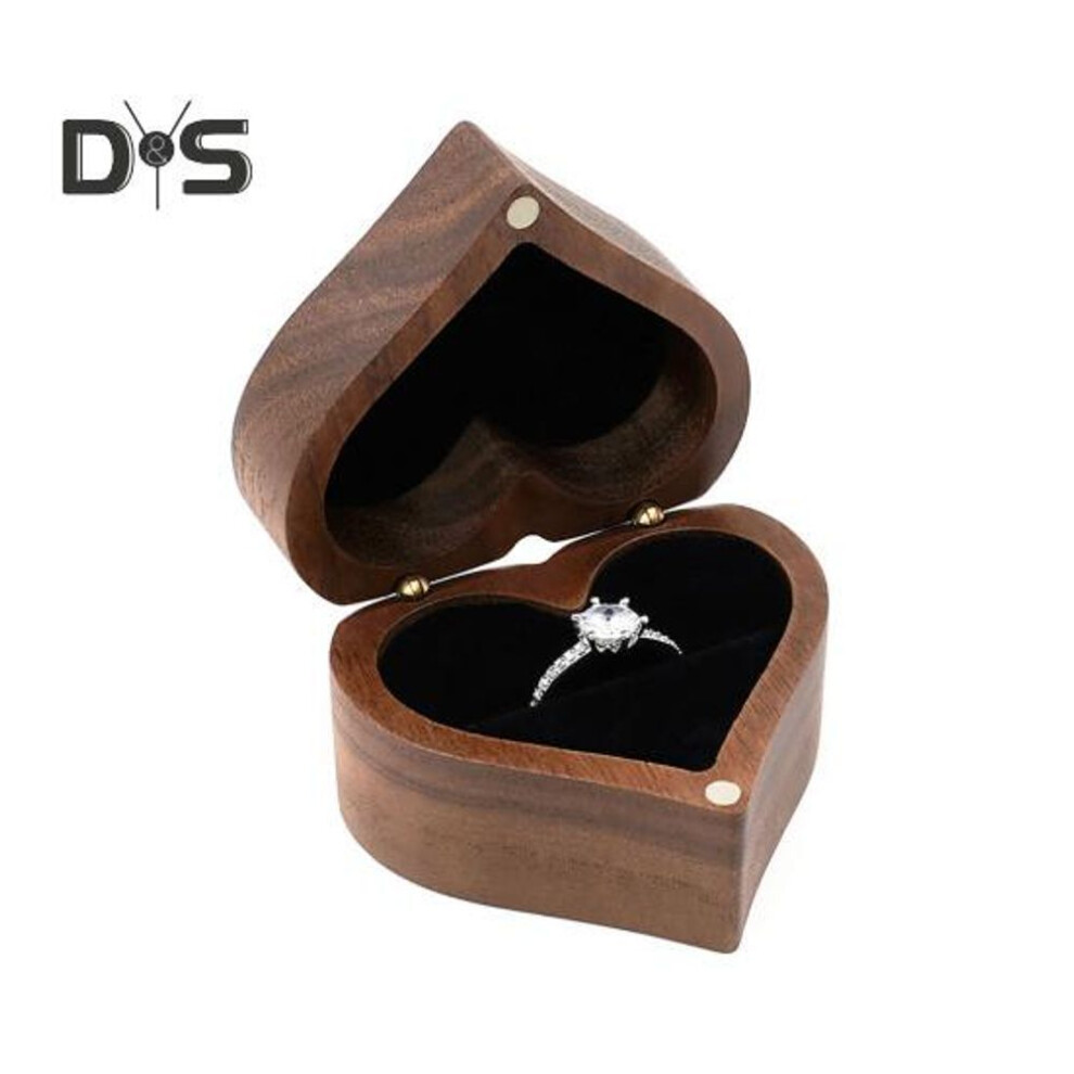 (as the picture, A) Wooden Heart Shaped Ring Gift Box Soft Lining Portable Personalized Vintage Wood Jewelry Box Wedding Ring Holder
