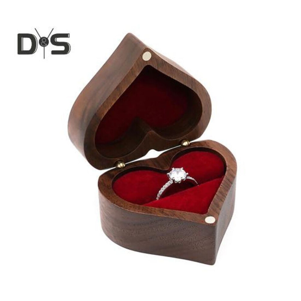 (as the picture, B) Wooden Heart Shaped Ring Gift Box Soft Lining Portable Personalized Vintage Wood Jewelry Box Wedding Ring Holder