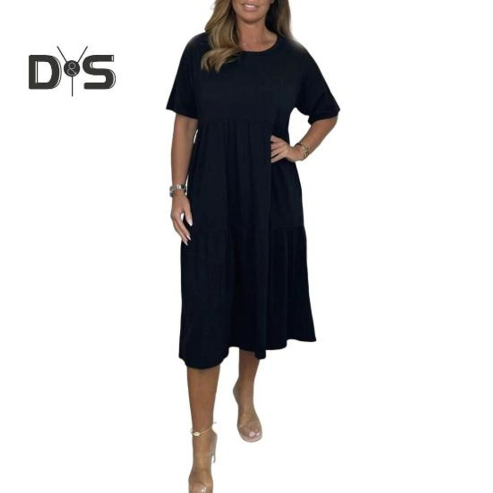 (black, L) Women's Summer Casual Dress Short Sleeve Flowy A-line Tiered Midi Dress Crew Neck Beach Loose Sundress for Vacation Travel
