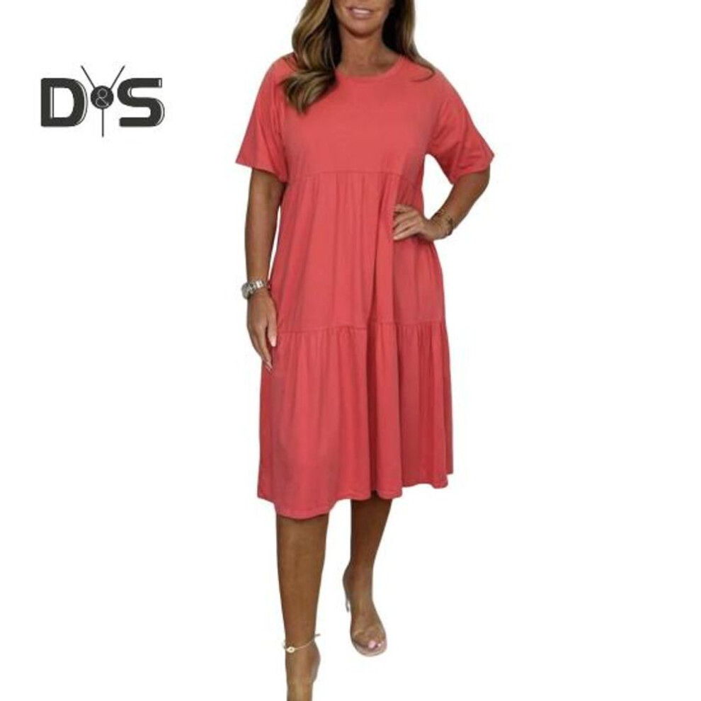 (red, S) Women's Summer Casual Dress Short Sleeve Flowy A-line Tiered Midi Dress Crew Neck Beach Loose Sundress For Vacation Travel