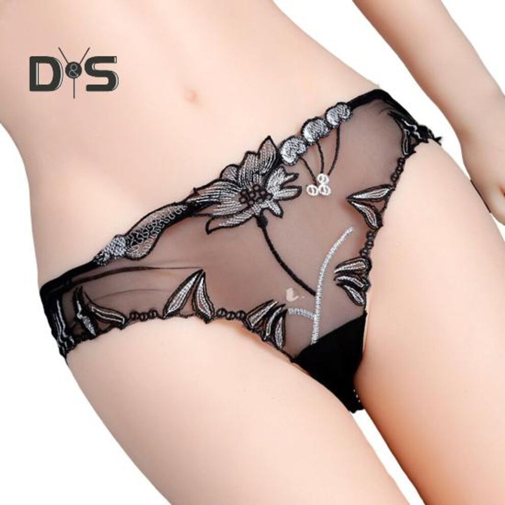 (black, L) Women's Sexy Lace Thongs See Through Mesh Sheer Panties Floral Embroidered Low-waist Underwear Ultra-thin Ladies Briefs