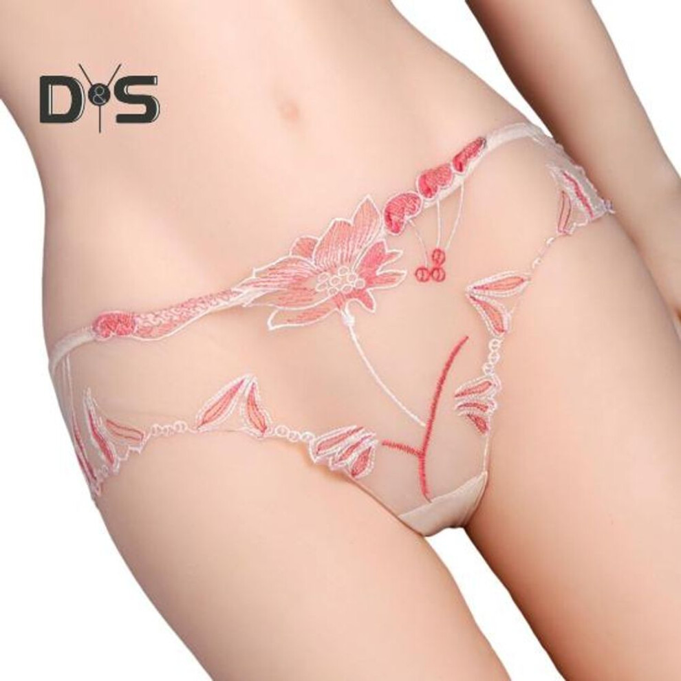(beige, XL) Women's Sexy Lace Thongs See Through Mesh Sheer Panties Floral Embroidered Low-Waist Underwear Ultra-Thin Ladies Briefs