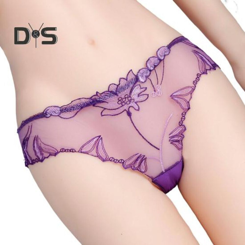 (purple, L) Women's Sexy Lace Thongs See Through Mesh Sheer Panties Floral Embroidered Low-Waist Underwear Ultra-Thin Ladies Briefs