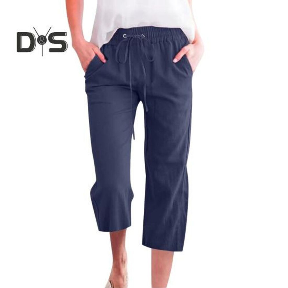 (navy blue, XL) Women Cropped Pants Solid Color Loose Fit Mid-calf Trousers With Elastic Waistband Casual Commuting Style Pants