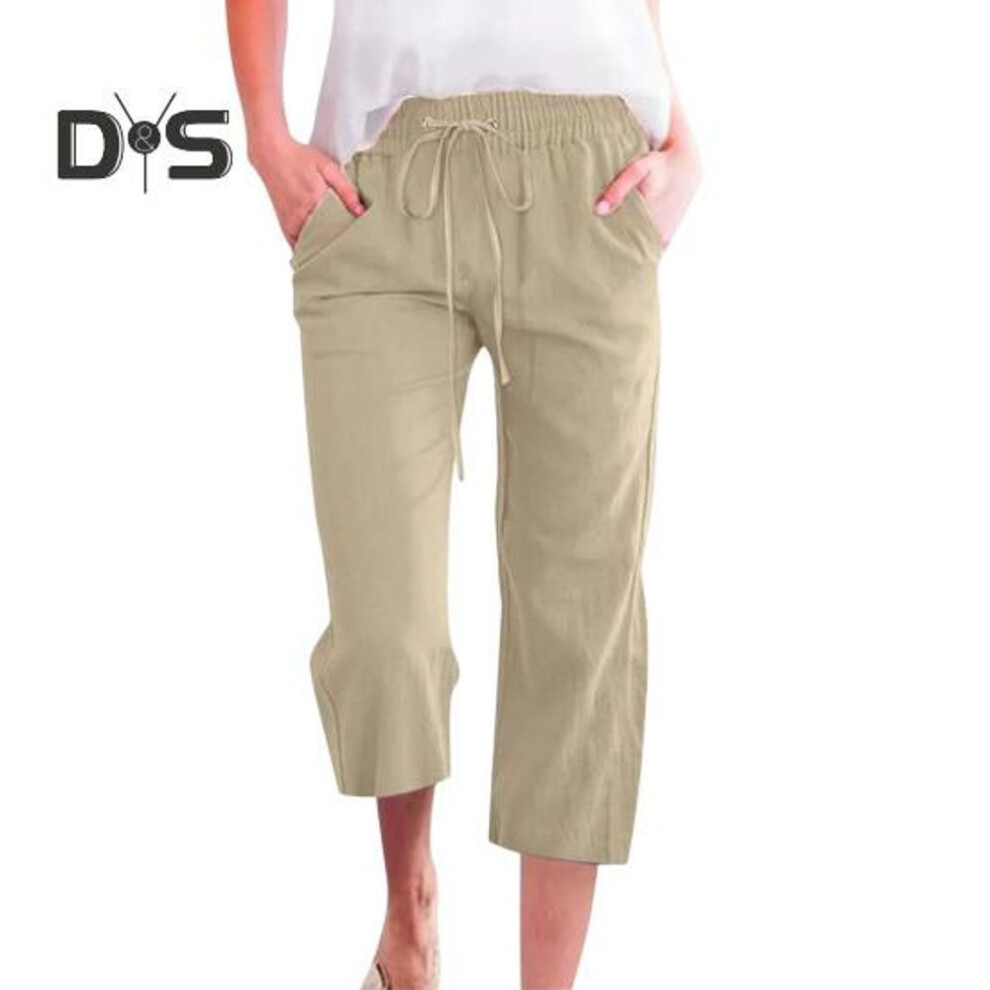 (khaki, XXL) Women Cropped Pants Solid Color Loose Fit Mid-calf Trousers with Elastic Waistband Casual Commuting Style Pants