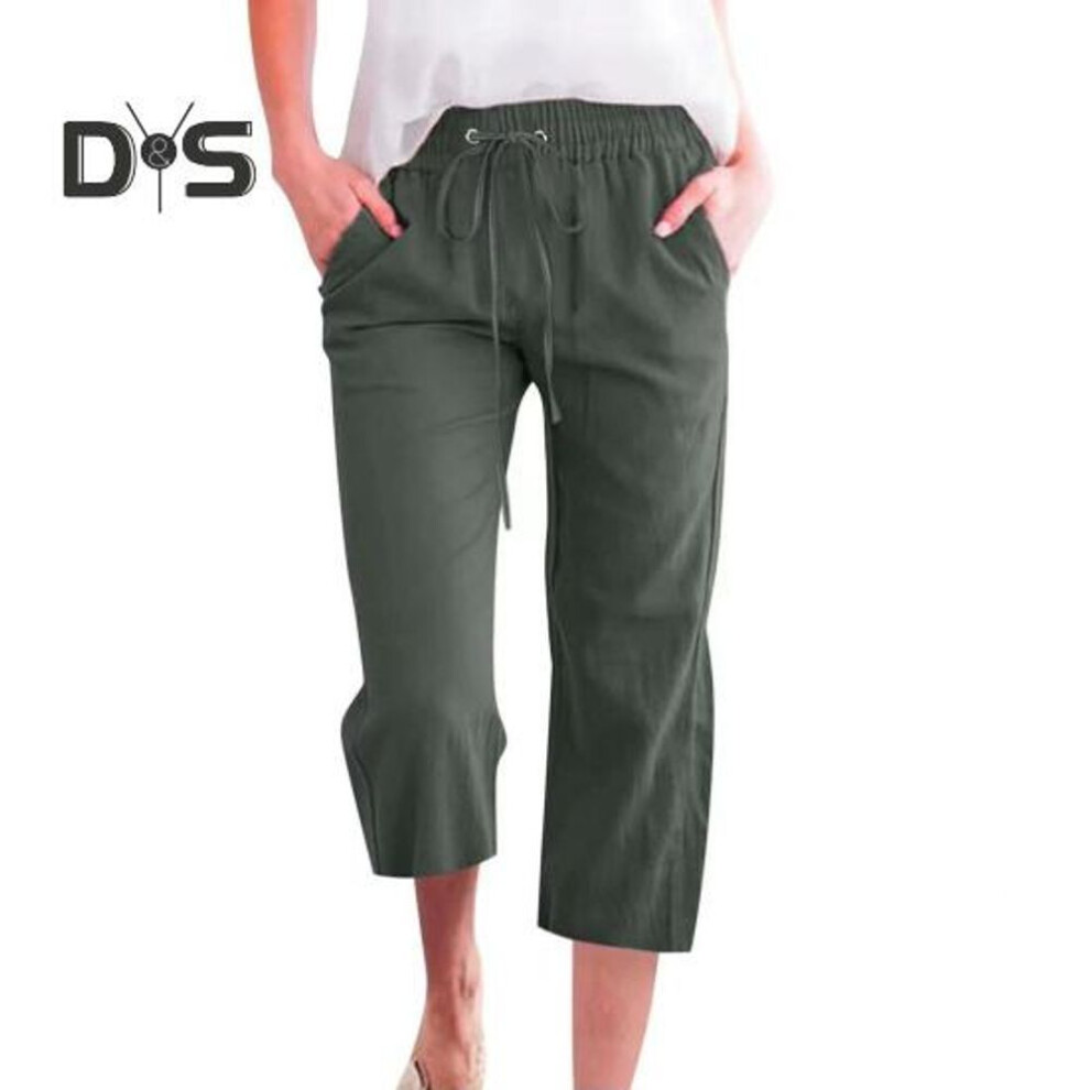 (army green, XL) Women Cropped Pants Solid Color Loose Fit Mid-calf Trousers With Elastic Waistband Casual Commuting Style Pants