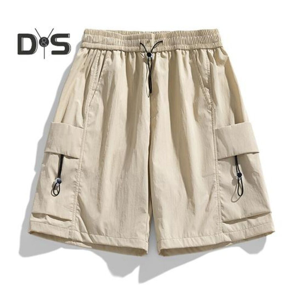 (apricot, XXL) Men Shorts Adjustable Drawstring Elastic Waist Sports Shorts With Multi Pockets Solid Color Loose Fit Casual Shorts