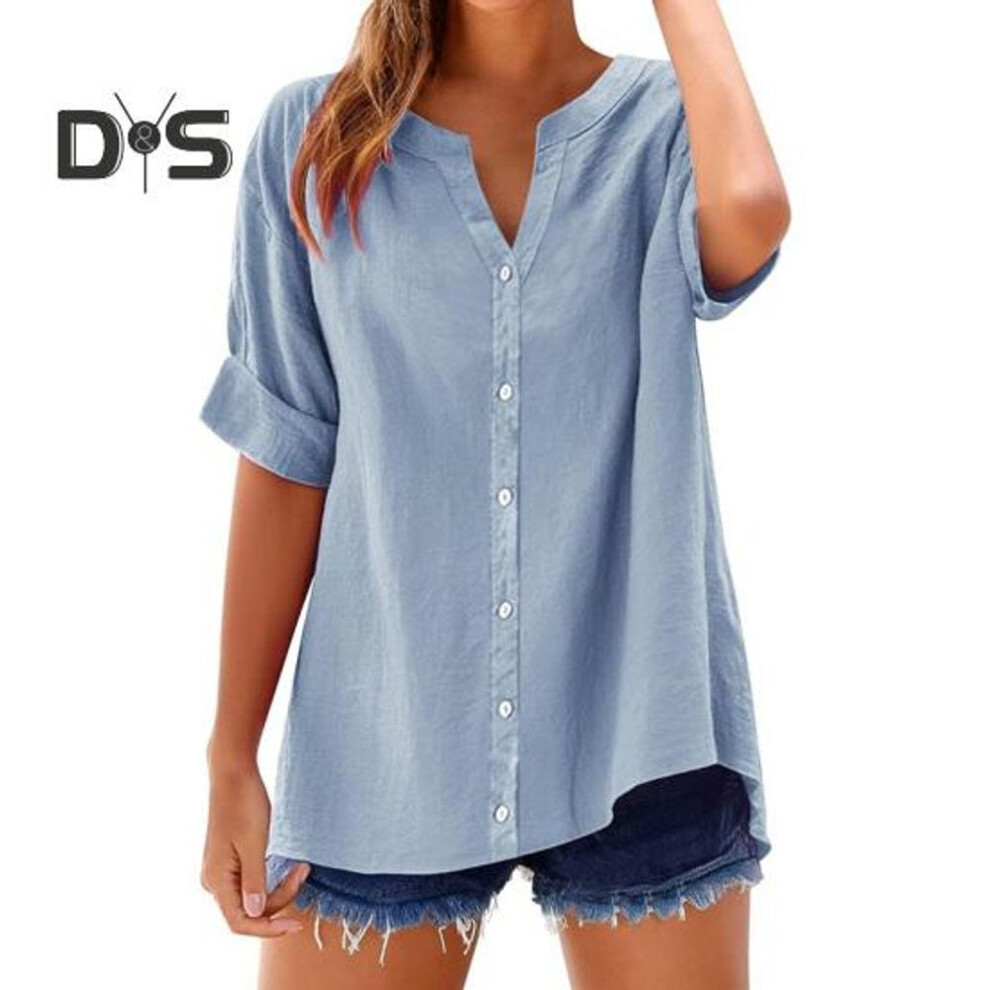 (L, sky blue) Women Shirt V-neck Short Sleeve Buttons Placket Shirt Tops Solid Color Loose Fit Casual Blouse Daily Wear