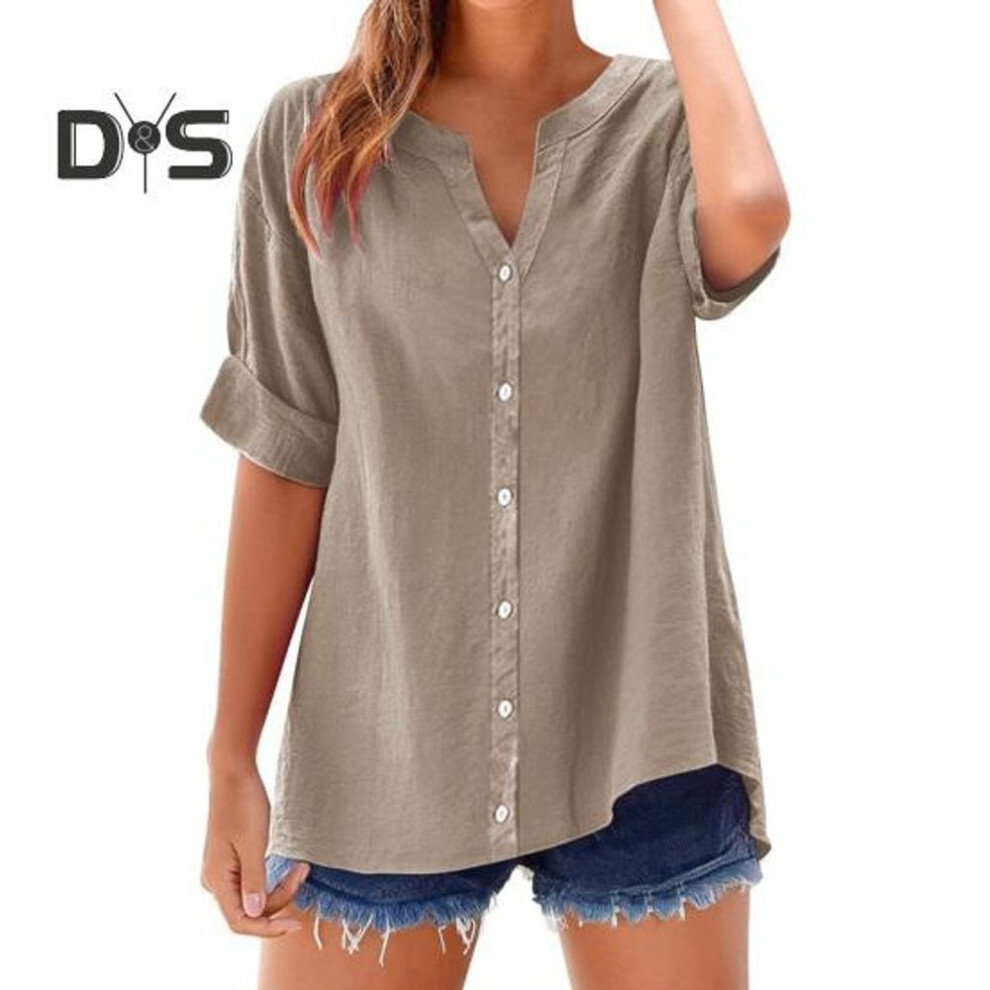 (XXL, khaki) Women Shirt V-neck Short Sleeve Buttons Placket Shirt Tops Solid Color Loose Fit Casual Blouse Daily Wear