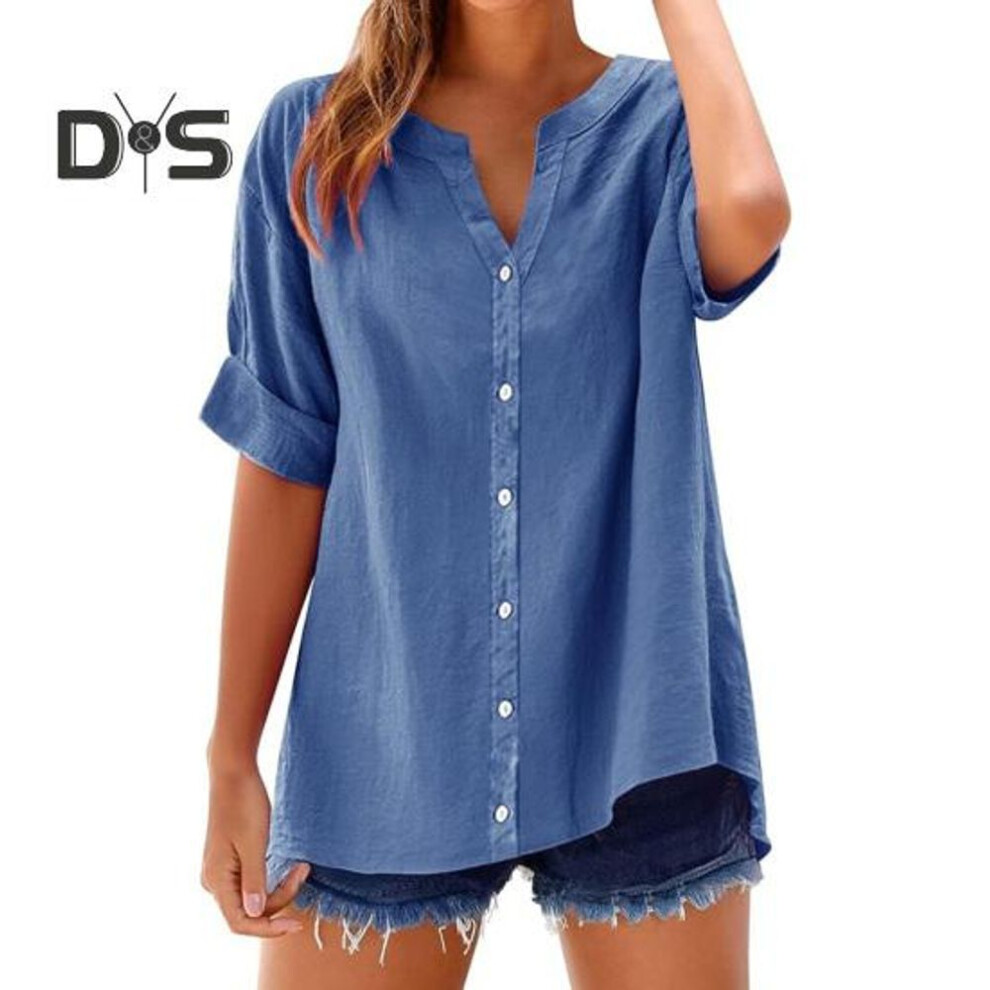 (XXL, blue) Women Shirt V-neck Short Sleeve Buttons Placket Shirt Tops Solid Color Loose Fit Casual Blouse Daily Wear