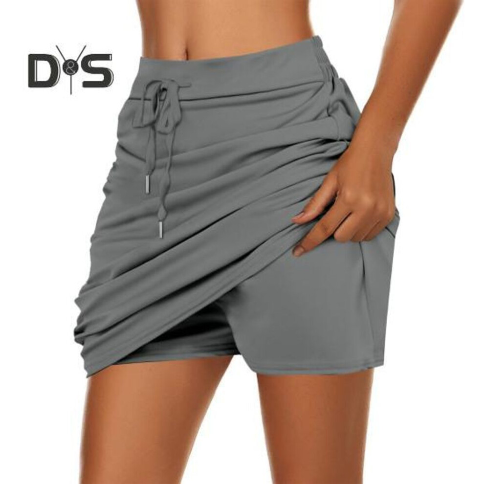 (L, grey) Women Golf Tennis Skort with Inner Shorts High Waist Wide Waistband Solid Color Athletic Skirt Sports Daily Wear