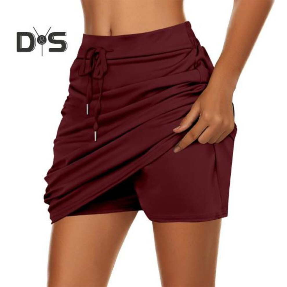 (XXXL, wine red) Women Golf Tennis Skort with Inner Shorts High Waist Wide Waistband Solid Color Athletic Skirt Sports Daily Wear
