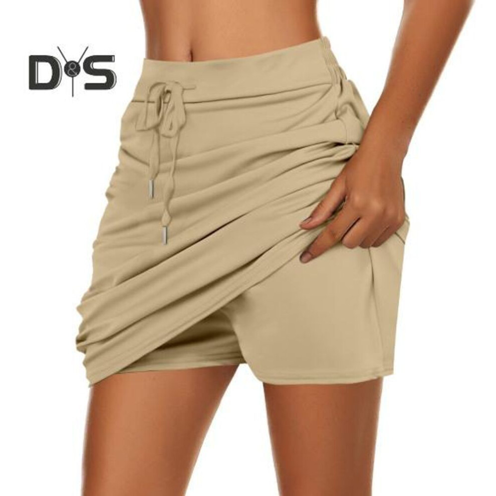 (XXXL, khaki) Women Golf Tennis Skort with Inner Shorts High Waist Wide Waistband Solid Color Athletic Skirt Sports Daily Wear