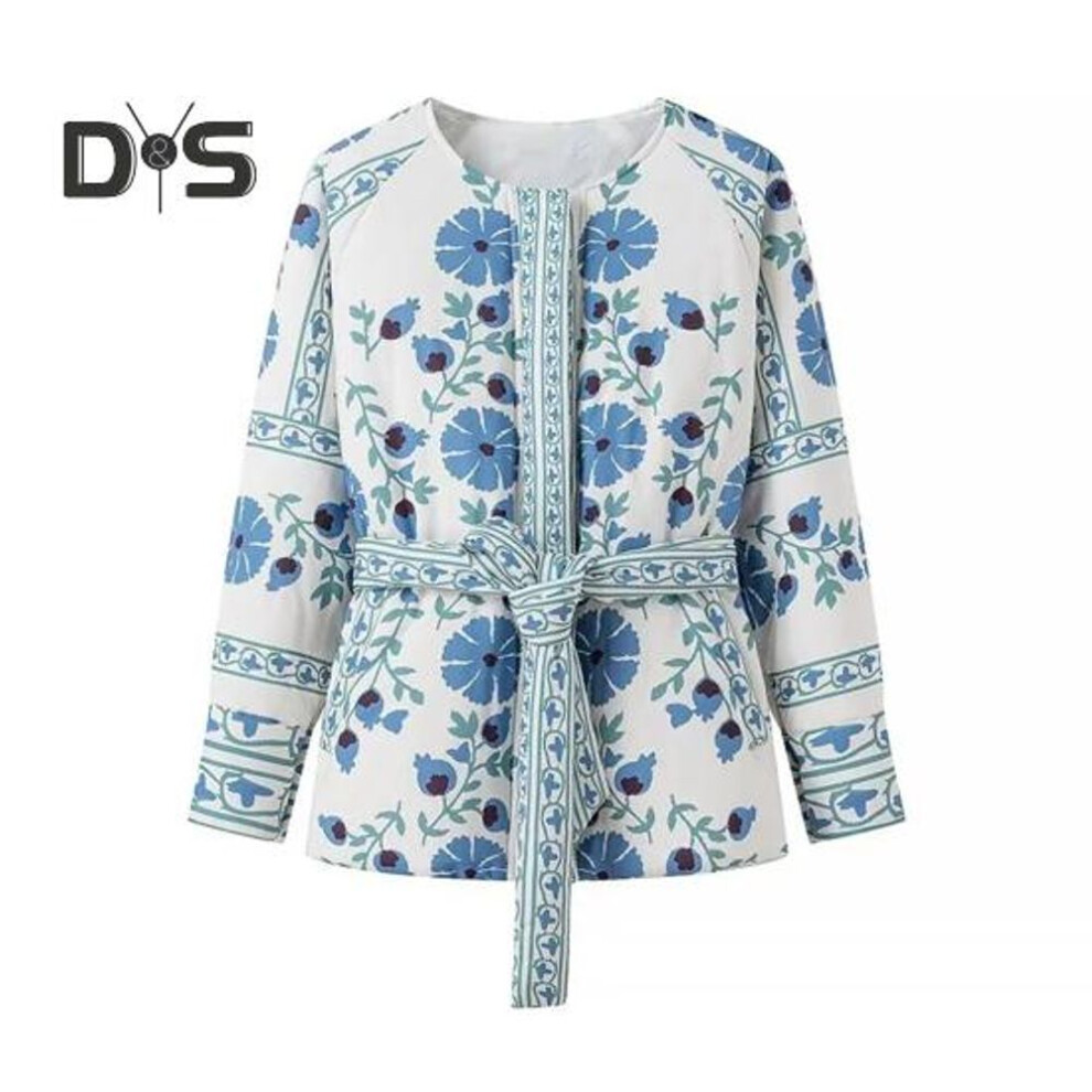(as the picture, L) Women's Quilted Jacket Floral Printed Puffer Jacket Long Sleeve Round Neck Button Down Outerwear Coat with Belt