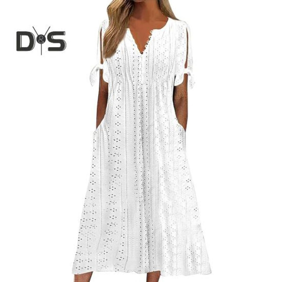 (white, XXXL) Women's Summer Maxi Dress Boho Eyelet Button V Neck Tie Knot Short Sleeve Midi Dress Summer Beach Vacation Sundress