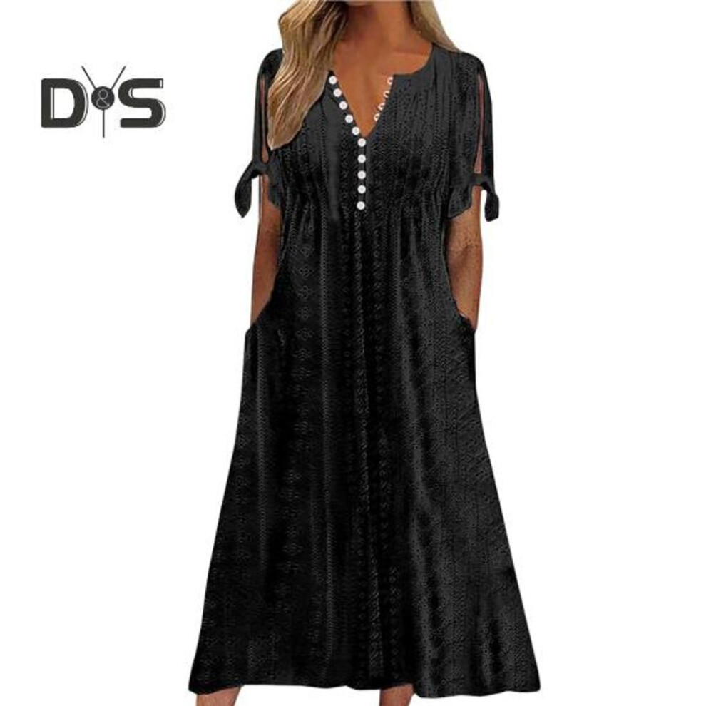 (black, XXXL) Women's Summer Maxi Dress Boho Eyelet Button V Neck Tie Knot Short Sleeve Midi Dress Summer Beach Vacation Sundress
