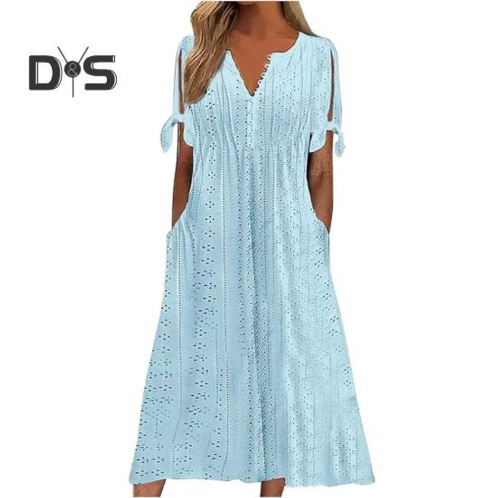 (sky blue, L) Women's Summer Maxi Dress Boho Eyelet Button V Neck Tie Knot Short Sleeve Midi Dress Summer Beach Vacation Sundress