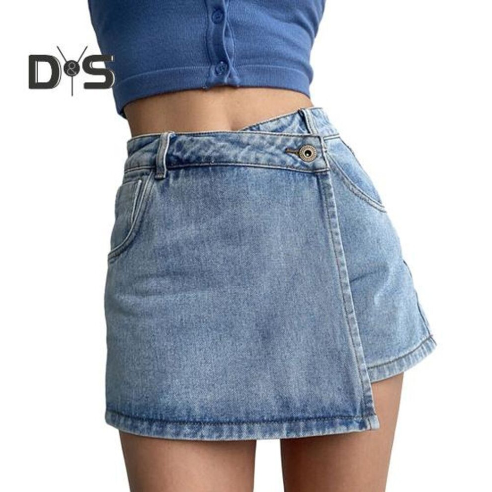 (blue, XXXXXL) Women High-waist Denim Shorts Retro Design Slim Fit Solid Color Fake Two Piece Skort Formal Casual Wear