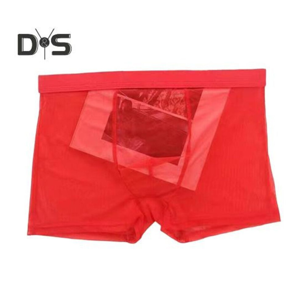 (XL, red) Men Boxer Underwear Summer Ultra Thin Perspective Mesh Yarn Shorts Briefs Mid-rise U-convex Sexy Panties