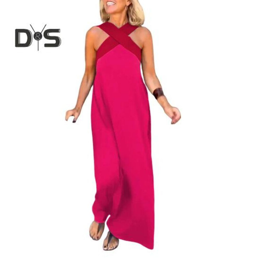(rose red, L) Women's Cross Halter Neck Sleeveless Dress Summer Sexy Backless A Line Maxi Dress Off Shoulder Boho Long Dress