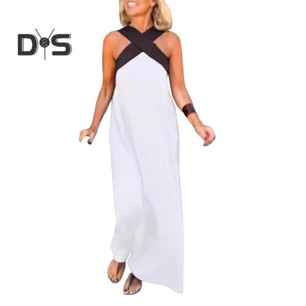 (white, S) Women's Cross Halter Neck Sleeveless Dress Summer Sexy Backless A Line Maxi Dress Off Shoulder Boho Long Dress