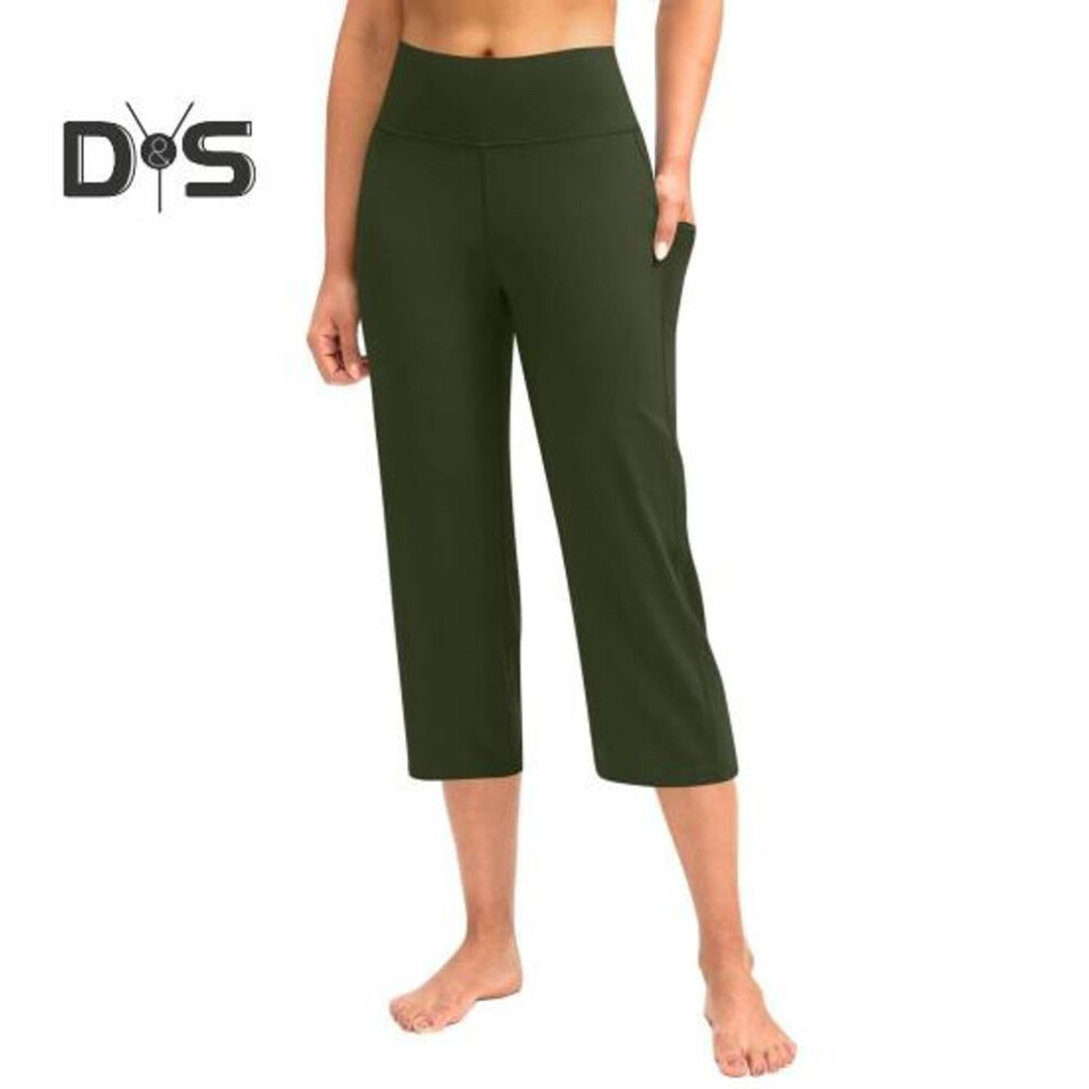 (army green, M) Women Cropped Pants With Pockets Solid Color High Waist Yoga Running Training Trousers Hip Lifting Leisure Pants