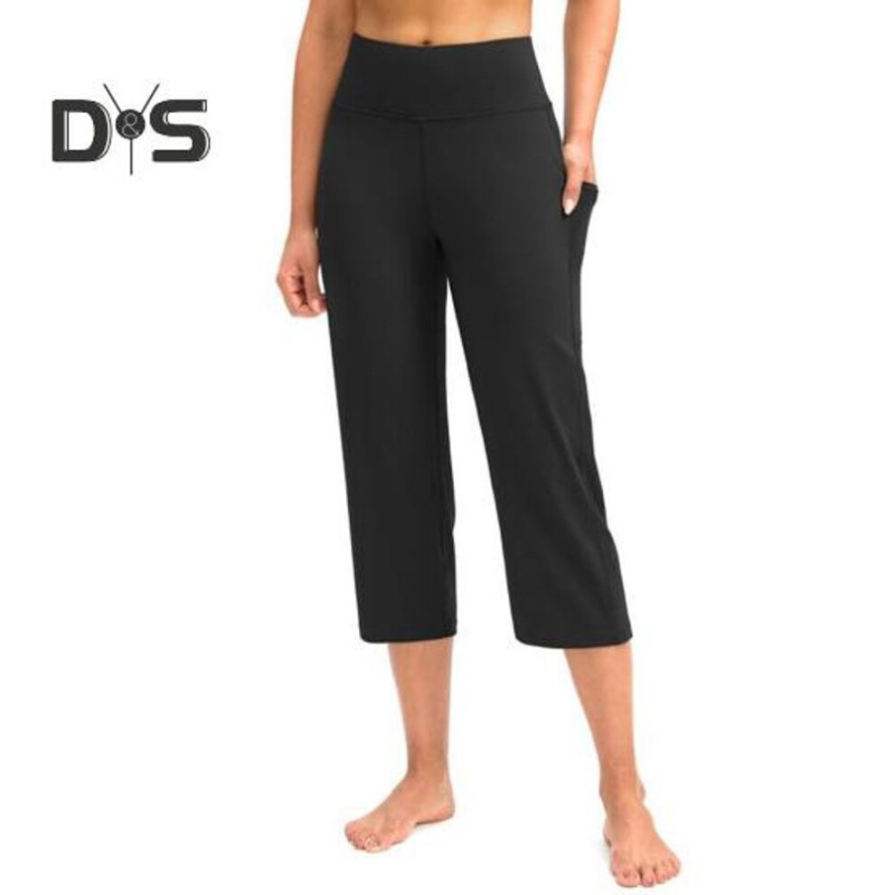 (black, S) Women Cropped Pants With Pockets Solid Color High Waist Yoga Running Training Trousers Hip Lifting Leisure Pants