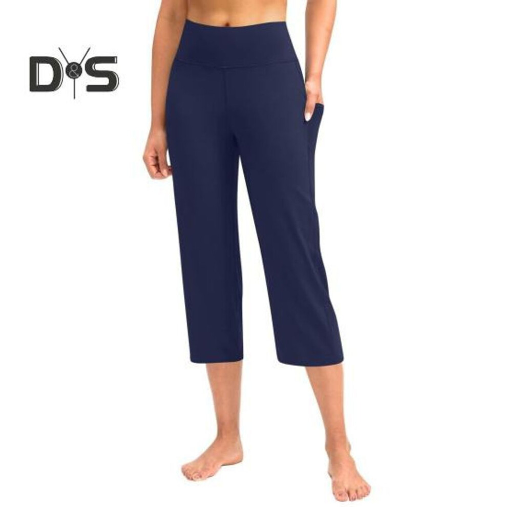 (navy blue, M) Women Cropped Pants with Pockets Solid Color High Waist Yoga Running Training Trousers Hip Lifting Leisure Pants