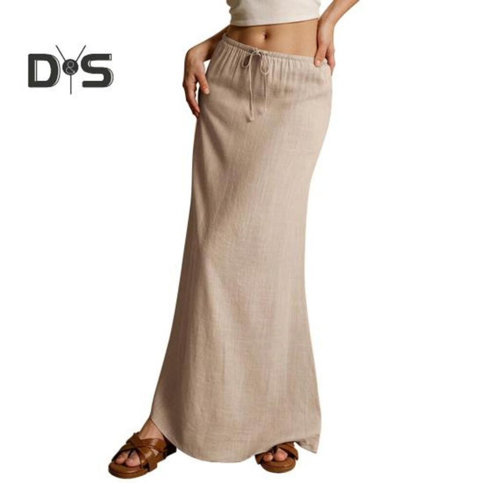 (XL, light khaki) Women Maxi Skirt Mid-rise A-Line Drawstring Solid Color Long Skirt Easy to Match Lady Skirt Work Leisure Daily Wear