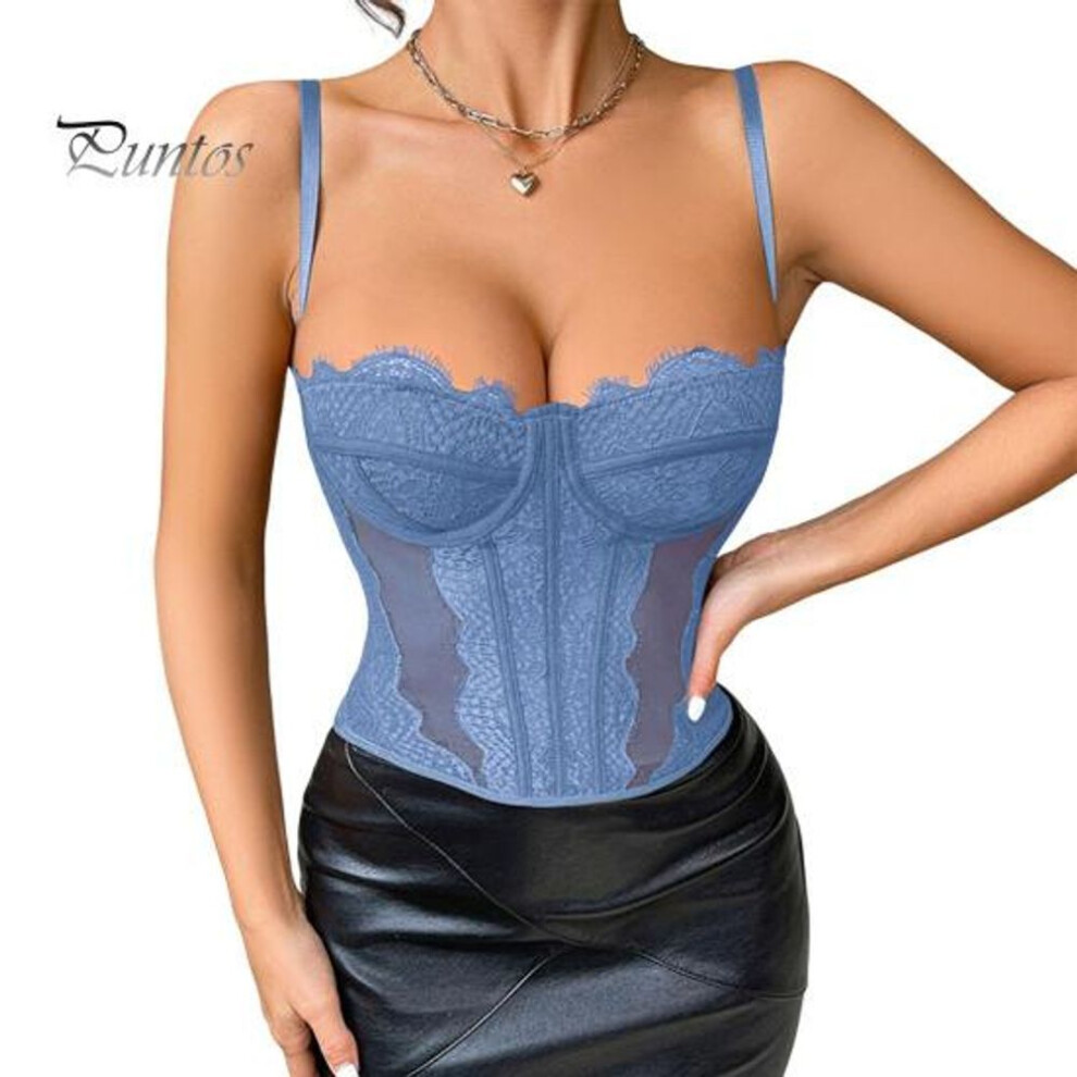 (M, sky blue) Women Corset Lace Splicing Low-Cut Style Slim Fit Design Elastic Fabric Corset Suspender Style Corset Tops