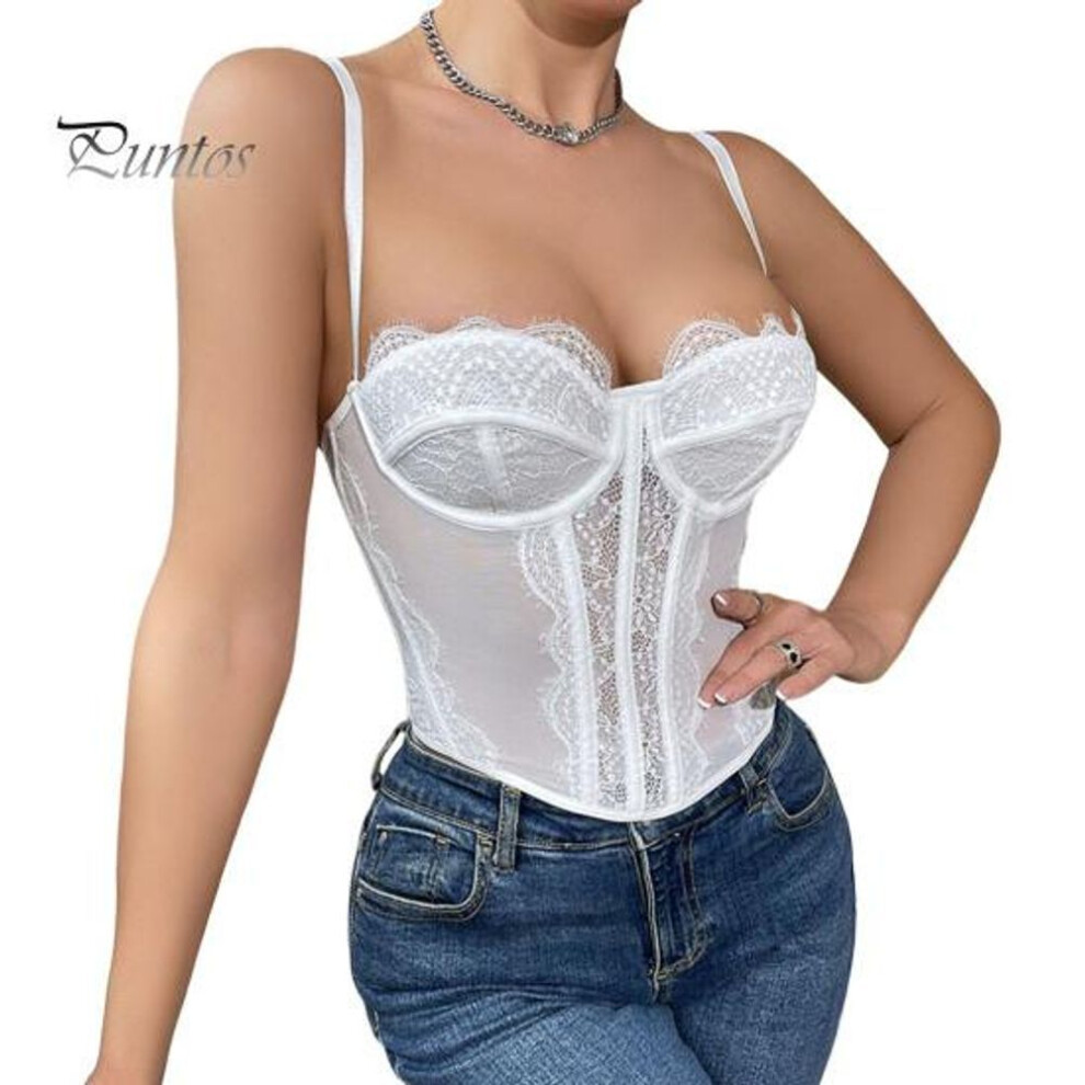 (L, white) Women Corset Lace Splicing Low-Cut Style Slim Fit Design Elastic Fabric Corset Suspender Style Corset Tops